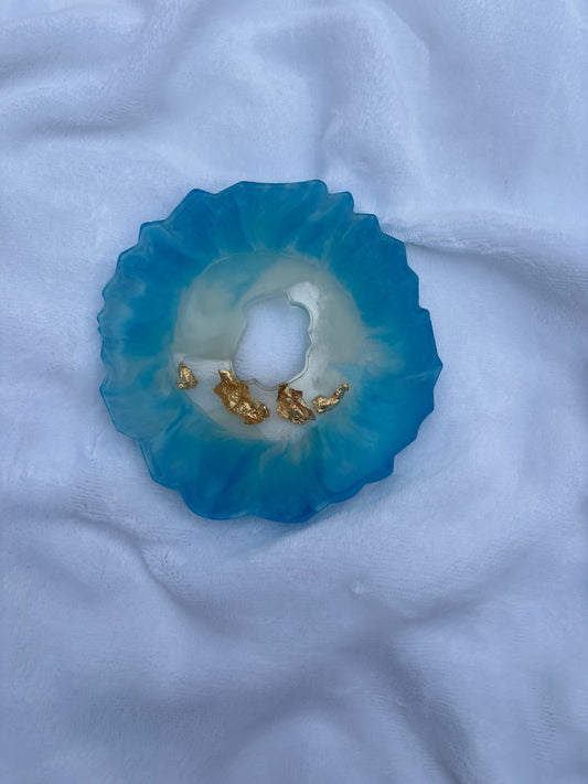 Blue and white resin coaster