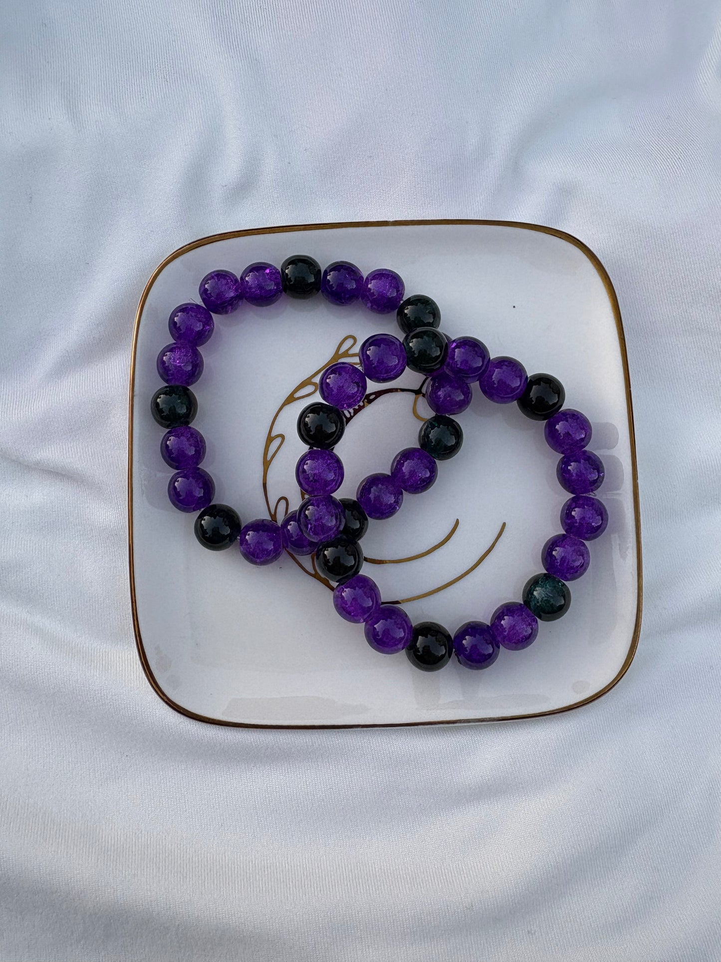 Black and purple glass bead bracelet set
